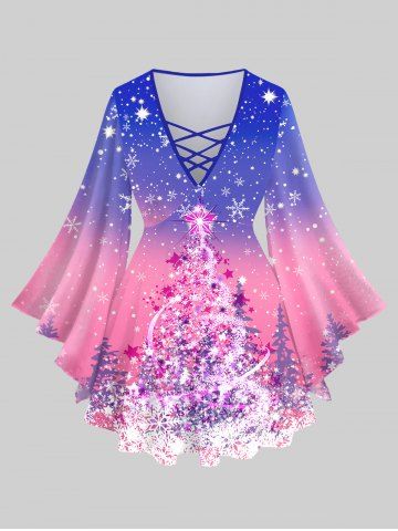 Plus Size Christmas Tree Star Snowflake Ombre Glitter 3D Print Lattice Crisscross Bell Sleeves T-shirt - LIGHT PINK - 1X