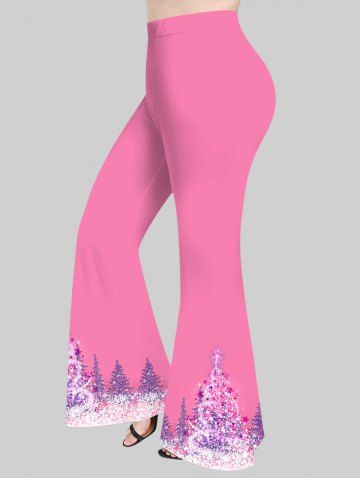 Plus Size Christmas Tree Star Snowflake Glitter 3D Print Flare Pants - LIGHT PINK - 1X