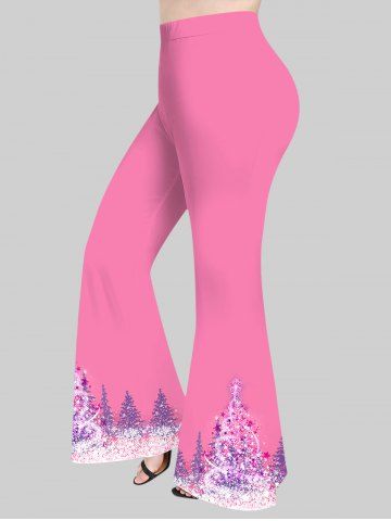 Plus Size Christmas Tree Star Snowflake Glitter 3D Print Flare Pants - LIGHT PINK - 5X