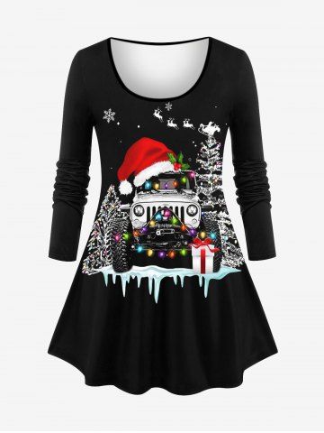 Plus Size Glitter Christmas Tree Hat Light Snowflake Elk Car Gift Box Print Long Sleeves T-shirt - BLACK - M