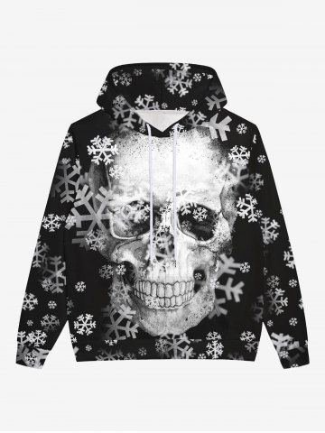 Gothic 3D Distressed Skull Skeleton Snowflake Print Pocket Drawstring Fleece Lining Halloween Pullover Hoodie For Men - BLACK - XL