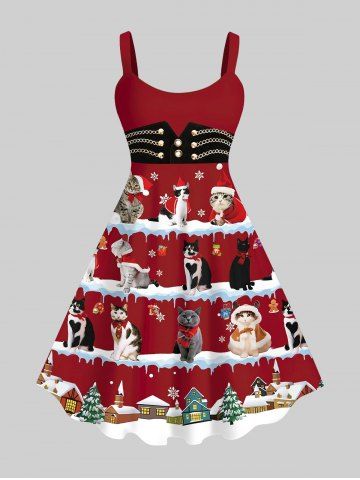 Robe Corset à Chaîne 3D Chat Sapin de Noël et Flocon de Neige Imprimés avec Rivet Grande Taille - DEEP RED - 1X
