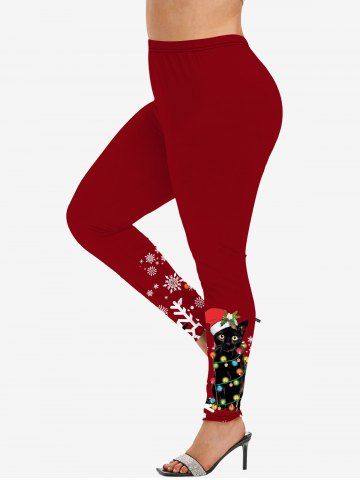 Plus Size Christmas Light Hat Cat Snowflake Glitter 3D Print Leggings - DEEP RED - 3X