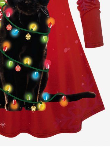 Plus Size Christmas Light Hat Cat Snowflake Print T-shirt