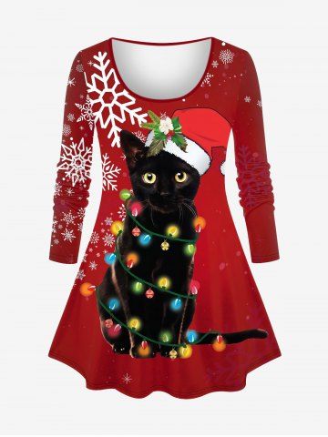 Plus Size Christmas Light Hat Cat Snowflake Print T-shirt - DEEP RED - 4X