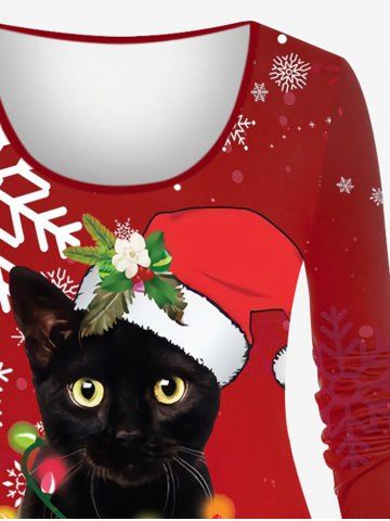 Plus Size Christmas Light Hat Cat Snowflake Print T-shirt