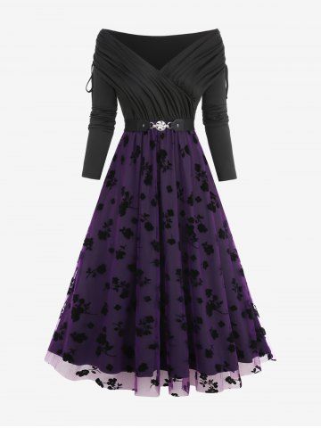 Plus Size Cinched Buckle Floral Flocking Mesh Layered Hem Long Sleeve 1950s Vintage Dress - PURPLE - L | US 12