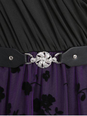 Plus Size Cinched Buckle Floral Flocking Mesh Layered Hem Long Sleeve 1950s Vintage Dress