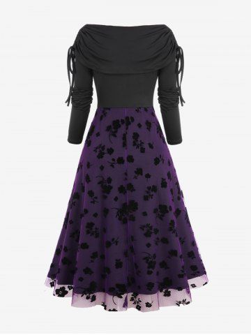 Plus Size Cinched Buckle Floral Flocking Mesh Layered Hem Long Sleeve 1950s Vintage Dress