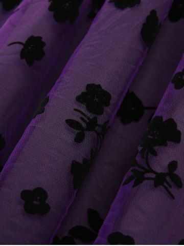 Plus Size Cinched Buckle Floral Flocking Mesh Layered Hem Long Sleeve 1950s Vintage Dress