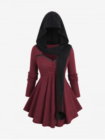 Plus Size Ruched Rivet Lace Trim Ribbed Textured Sweetheart Neck Sweater and Fuzzy Ball Hooded Cape - DEEP RED - M | US 10