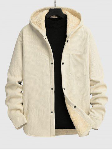 Men's Solid Color Textured Single-breasted Front Pocket Design Thermal Warm Fleece-lined Hooded Jacket - WHITE - XL