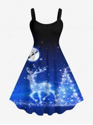 Robe à Bretelle 3D Lune Élans et Galaxie Imprimés de Noël de Grande Taille à Paillettes - Bleu profond 6X
