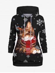 Sweat à Capuche 3D Chat et Flocon de Neige Imprimés avec Poche de Grande Taille à Cordon - Noir 6XL