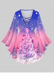 Plus Size Christmas Tree Star Snowflake Ombre Glitter 3D Print Lattice Crisscross Bell Sleeves T-shirt -  