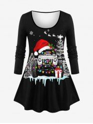 T-shirt Sapin de Noël Boîte à Cadeau et Flocon de Neige Imprimés de Grande Taille à Paillettes - Noir 5X