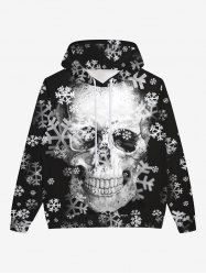 Gothic 3D Distressed Skull Skeleton Snowflake Print Pocket Drawstring Fleece Lining Halloween Pullover Hoodie For Men -  