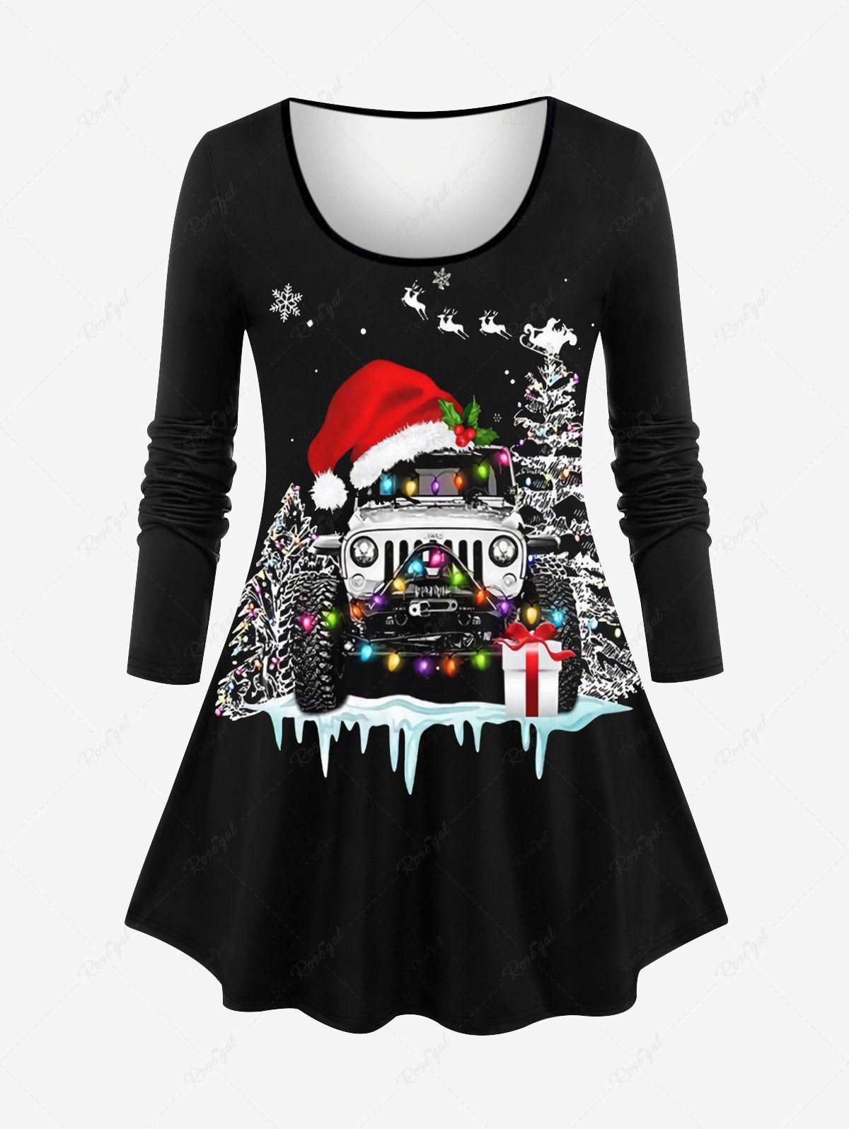 Store Plus Size Glitter Christmas Tree Hat Light Snowflake Elk Car Gift Box Print Long Sleeves T-shirt  