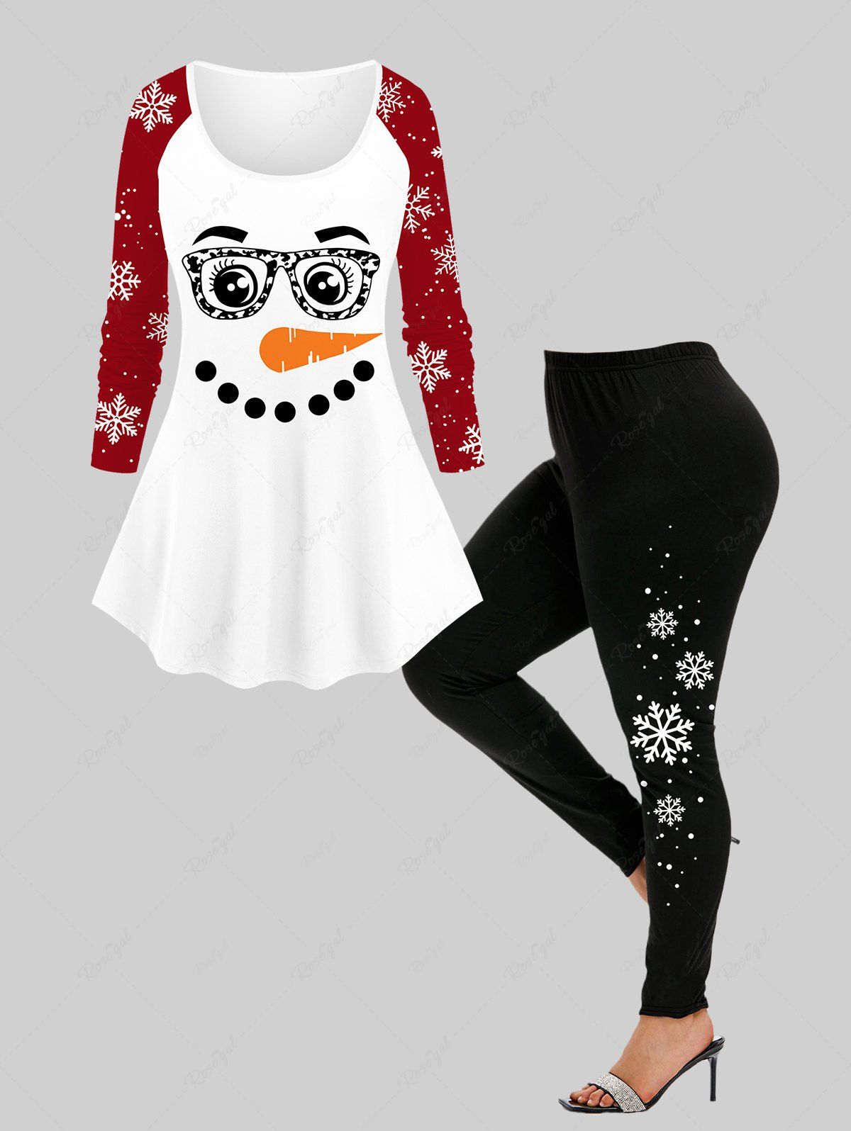 Trendy Plus Size Christmas Snowman Face Glasses Carrot Nose Colorblock Snowflake Printed Raglan Sleeves T-shirt and Leggings Outfit  
