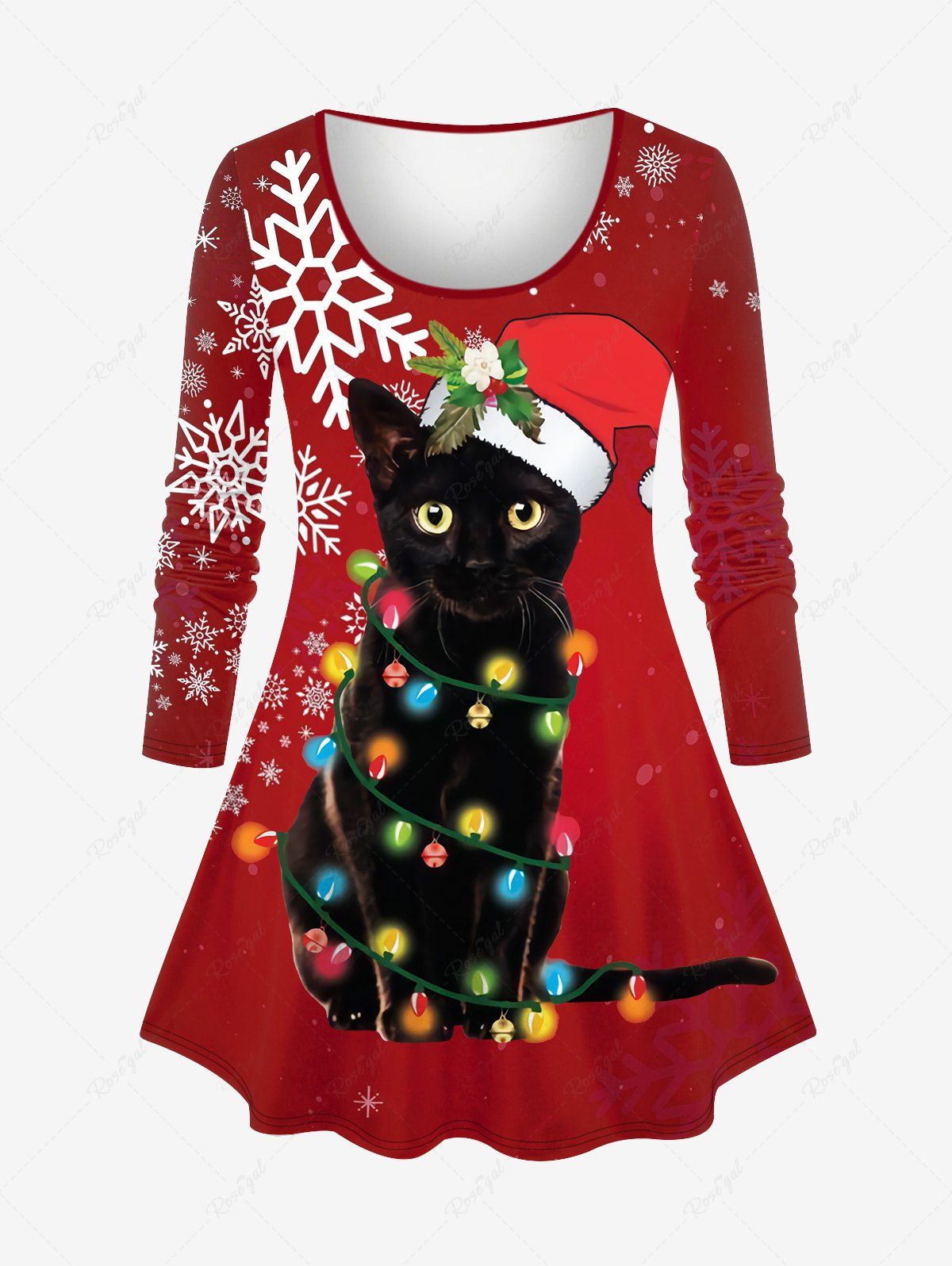 Hot Plus Size Christmas Light Hat Cat Snowflake Print T-shirt  