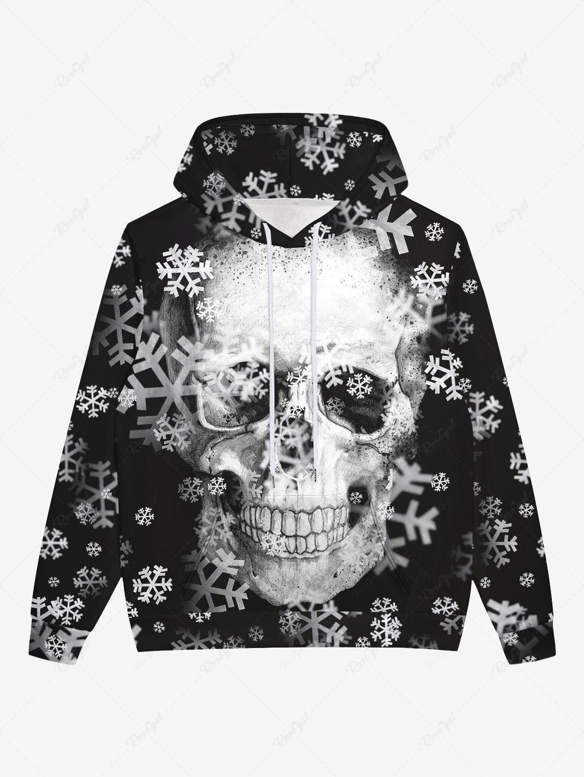 Cheap Gothic 3D Distressed Skull Skeleton Snowflake Print Pocket Drawstring Fleece Lining Halloween Pullover Hoodie For Men  