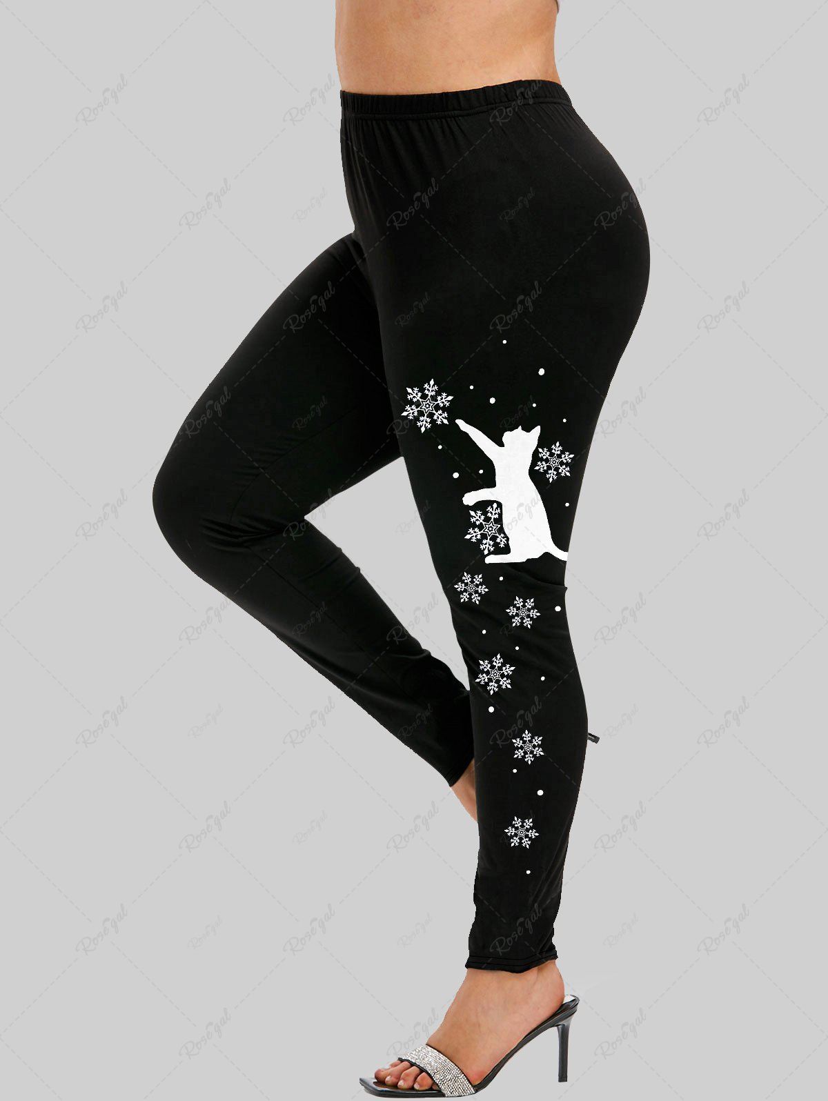 Chic Plus Size Side Snowflake Cat Printed Christmas Skinny Pull On Leggings  