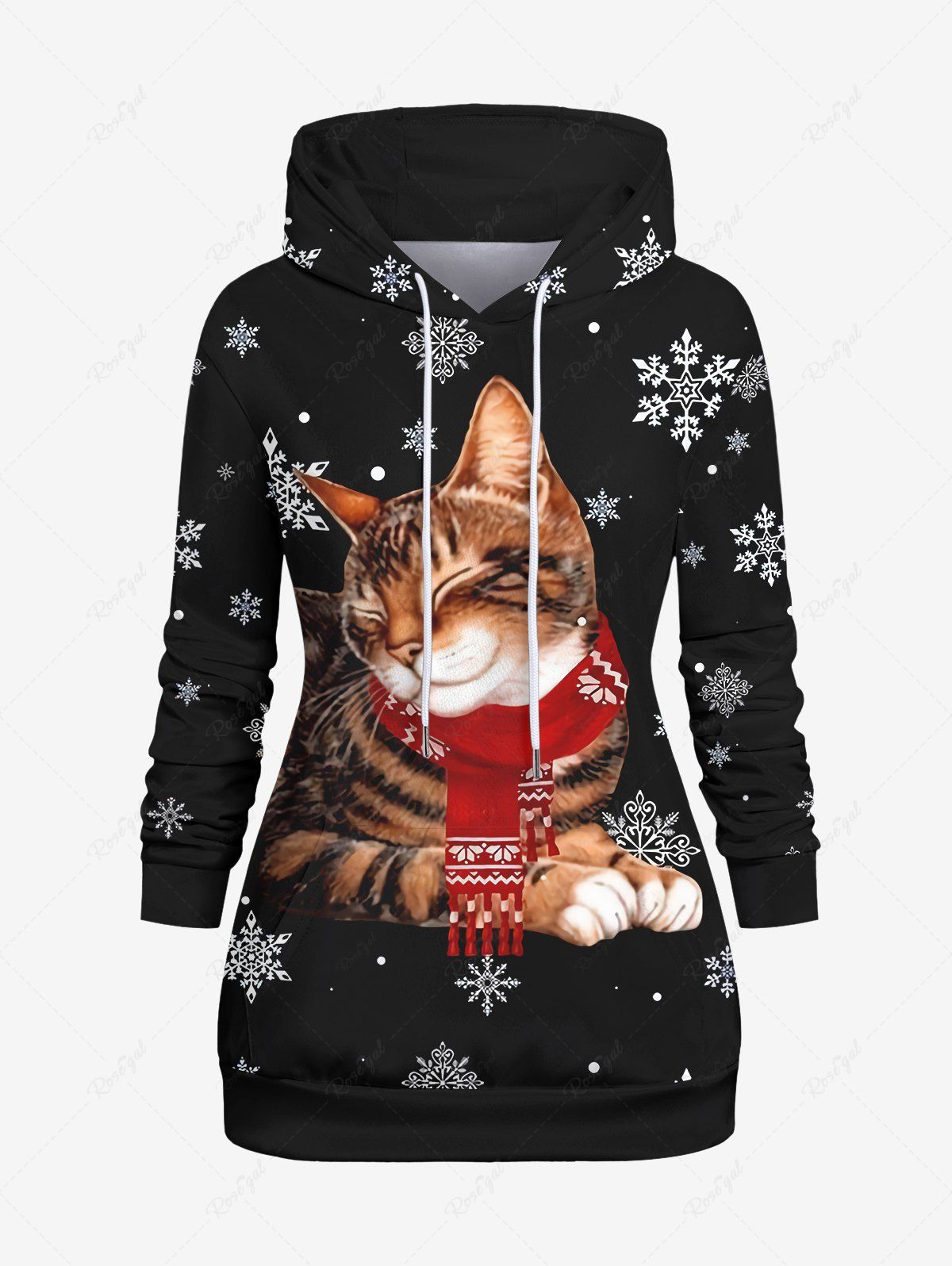 Affordable Plus Size 3D Cat Scarf Snowflake Print Christmas Pocket Drawstring Pullover Hoodie  