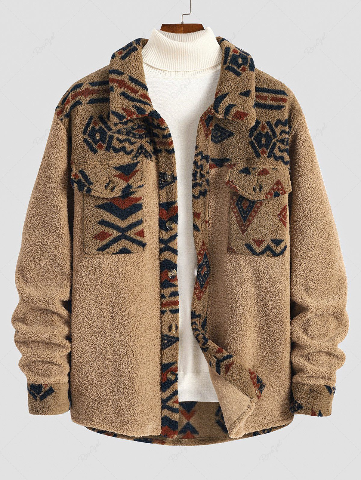 Hot Fluffy Colorblock Aztec Geometric Print Ethnic Pocket Teddy Jacket  