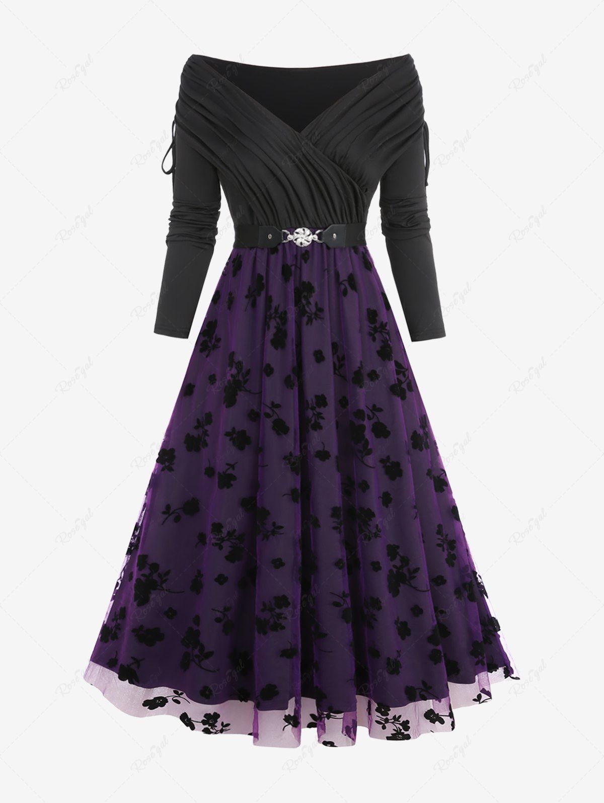 Discount Plus Size Cinched Buckle Floral Flocking Mesh Layered Hem Long Sleeve 1950s Vintage Dress  