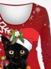 Plus Size Christmas Light Hat Cat Snowflake Print T-shirt -  