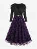 Plus Size Cinched Buckle Floral Flocking Mesh Layered Hem Long Sleeve 1950s Vintage Dress -  