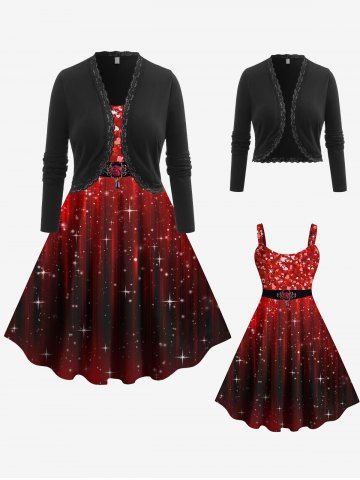 Valentines Heart Sparkling Sequin Glitter 3D Printed Party Dress With Solid Short Cardigan