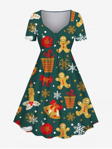 Plus Size Christmas Ball Bell Candle Snowflake Gingerbread Print Cinched Dress - DEEP GREEN - M