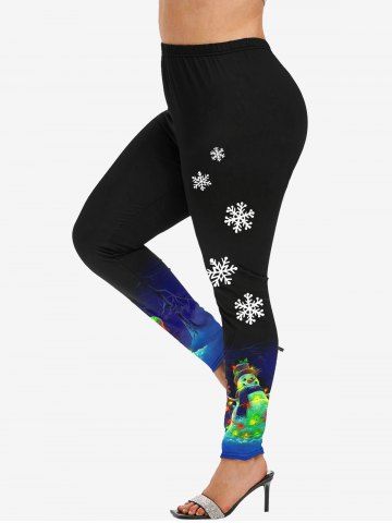 Plus Size Christmas Tree Light Snowman Snowflake Print Leggings - DEEP BLUE - L