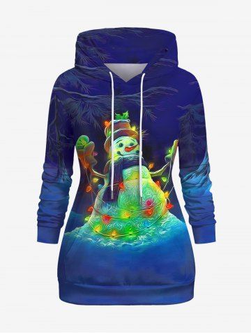 Plus Size Christmas Tree Light Snowman Snowflake Print Pockets Drawstring Hoodie - DEEP BLUE - 4XL