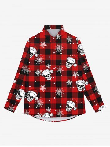 Chemise Manches Longues à Col Rabattu avec Imprimé Carreaux Flocons de Neige et Crâne pour Hommes - RED - XL