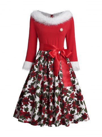 Christmas Flower Print Faux Fur Neckline Belted Midi Dress - RED - XXL | US 14