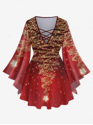 T-shirt grande taille à manches évasées et motif sapin de Noël, étoiles, paillettes scintillantes, imprimé 3D, treillis croisé - Rouge foncé XS