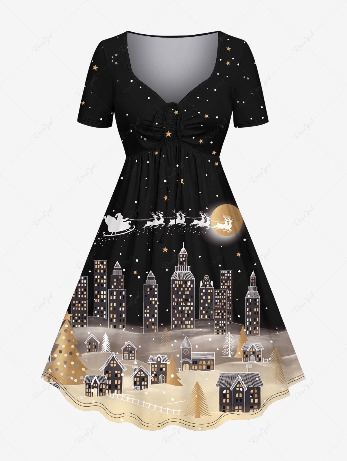 Outfits Plus Size Christmas Tree Elk Sled Santa Claus Buildings Moon Star Galaxy Print Cinched Dress  