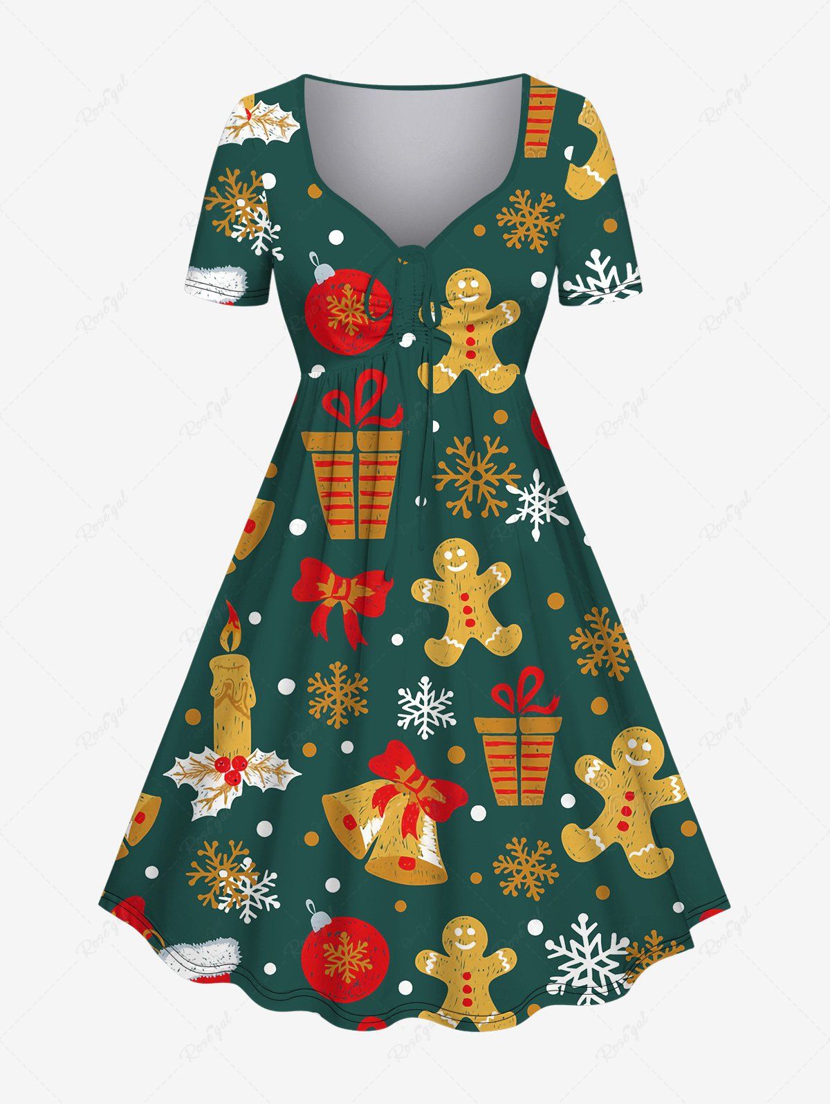 New Plus Size Christmas Ball Bell Candle Snowflake Gingerbread Print Cinched Dress  