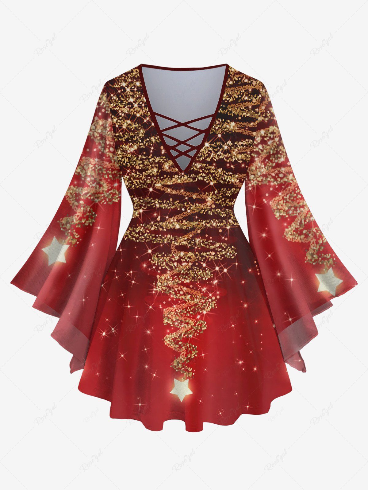 T-shirt grande taille à manches évasées et imprimé 3D motif sapin de Noël, étoiles, paillettes scintillantes Rouge foncé 6X