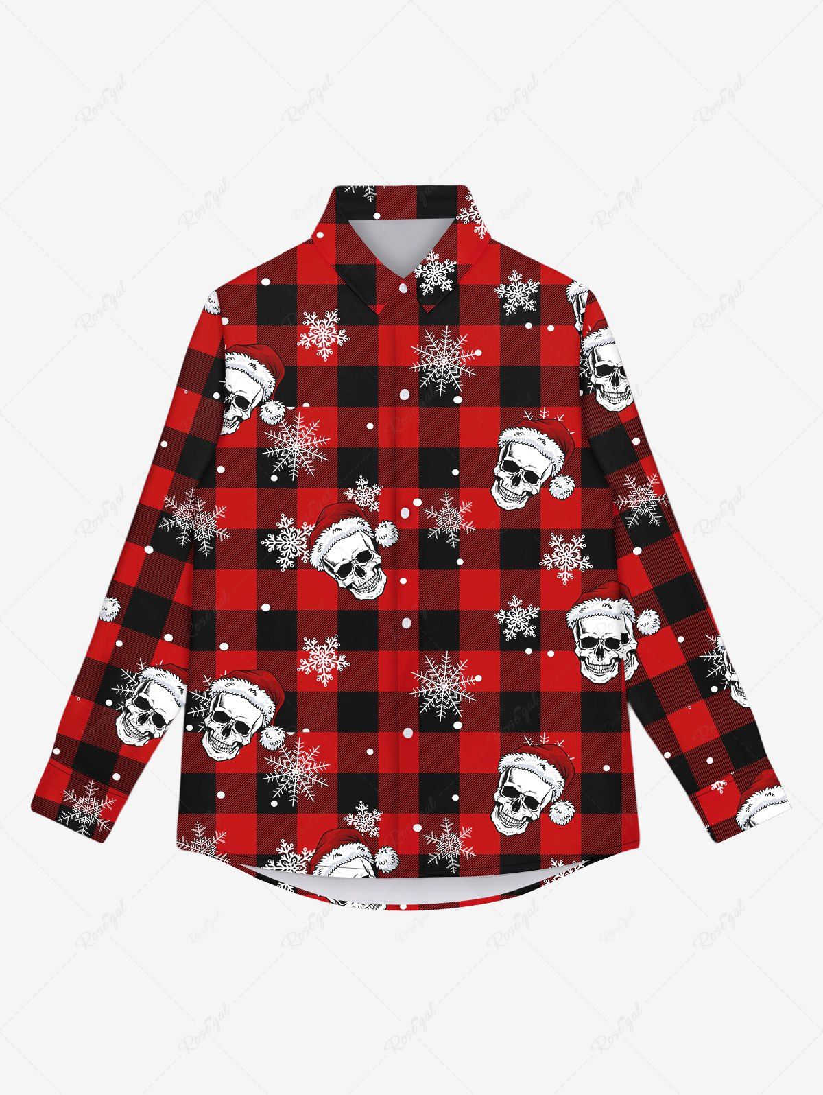Chemise Manches Longues à Col Rabattu avec Imprimé Carreaux Flocons de Neige et Crâne pour Hommes Rouge XL