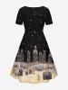 Plus Size Christmas Tree Elk Sled Santa Claus Buildings Moon Star Galaxy Print Cinched Dress -  