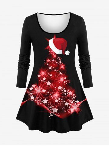 Plus Size Christmas Tree Hat Star Glitter 3D Print T-shirt - RED - M