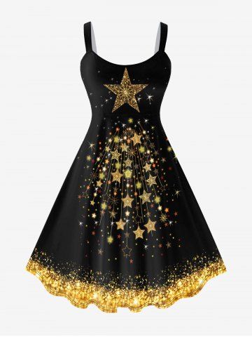 Plus Size Glitter Sparkling Stars Light Beam Sequins Print A Line Party Dress - BLACK - XS