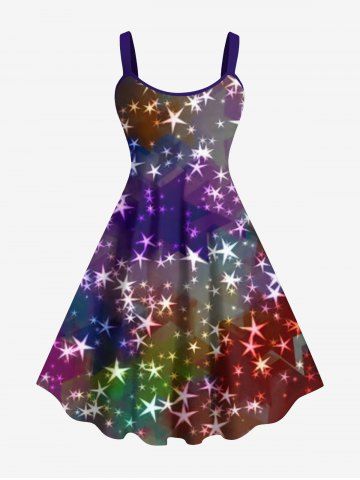 Plus Size Glitter Stars Colorblock Print Christmas A Line Party New Years Eve Dress - MULTI-A - XS