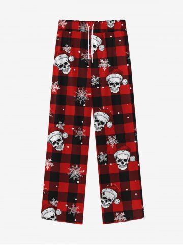 Gothic Christmas Hat Skull Snowflake Plaid Print Drawstring Wide Leg Sweatpants For Men - RED - XL