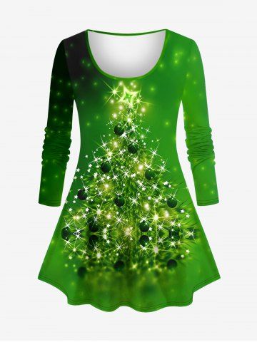 T-shirt Brillant 3D Flocon de Neige et Sapin de Noël Imprimé de Grande Taille à Paillettes - GREEN - XS