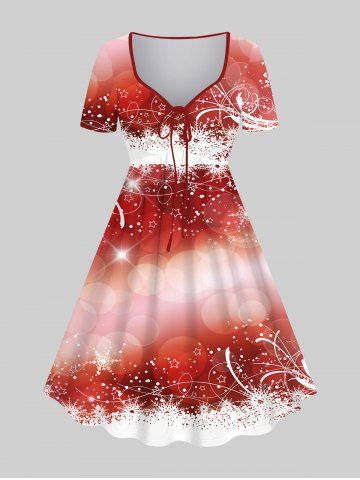 Plus Size Christmas Star Snowflake Ombre Bubble Colorblock Glitter 3D Print Cinched Party Dress - RED - XS
