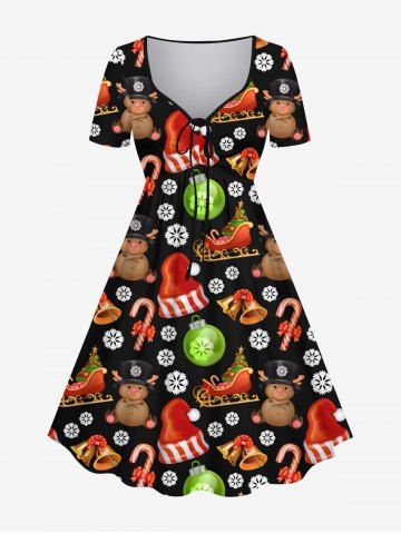 Plus Size Christmas Tree Hat Bear Ball Candy Snowflake Sled Print Cinched Dress - BLACK - XS